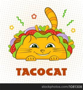 Tacocat happy character mexican fastfood taco symbol vector illustration. Smile cat mascot with tasty beef meat, salad and tomato in traditional taco with sign Tacocat for website landing promo. Tacocat happy character mexican fastfood taco symbol