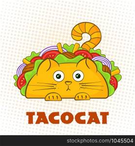 Tacocat surprised character fast food taco symbol vector illustration. Puzzled cat mascot with tasty beef meat, salad and tomato in traditional taco with sign Tacocat for social media promotion. Tacocat surprised character fast food taco symbol