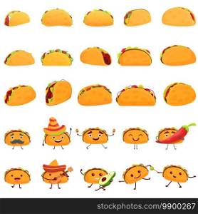 Tacos icons set. Cartoon set of tacos vector icons for web design. Tacos icons set, cartoon style
