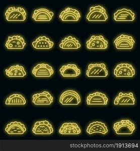 Tacos icons set. Outline set of tacos vector icons neon color on black. Tacos icons set vector neon