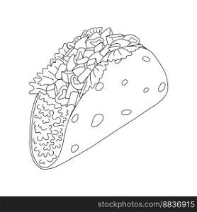 Tacos stuffed with meat and vegetables and lettuce. Cornmeal tortillas. Traditional Latin American cuisine. Mexican food. Isolate. Line Art. Good for poster, banner, menu, web, label or wallpaper. EPS