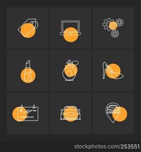 tag ,laptop , gear ,scandal , navigation , perfume ,lipstick , car ,card , icon, vector, design, flat, collection, style, creative, icons