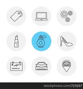 tag ,laptop , gear ,scandal , navigation , perfume ,lipstick , car ,card , icon, vector, design, flat, collection, style, creative, icons
