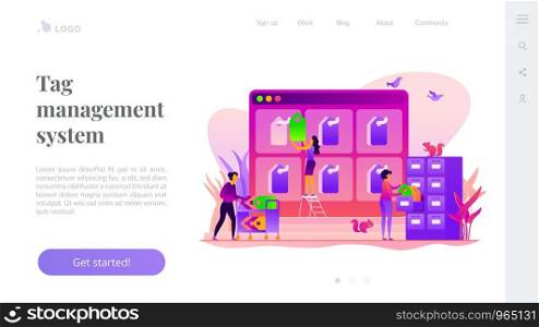 Tag management system, e-marketing tagging tool, tag data collection and web analytics concept. Website homepage interface UI template. Landing web page with infographic concept hero header image.. Tag management landing page template.