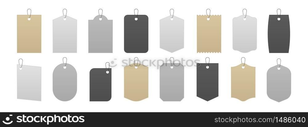 Tag mockup. Realistic price labels and gift box cardboard tags, blank white gray and kraft carton sale stickers on strings. Vector isolated illustration set paper label with rope. Tag mockup. Realistic price labels and gift box cardboard tags, blank white gray and kraft carton sale stickers on strings. Vector isolated set