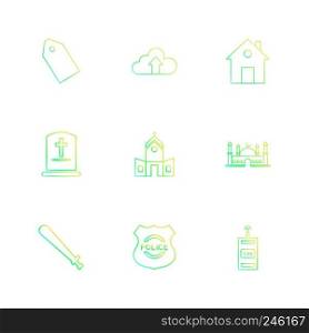 tag, upload, ,house, ,grave , vhurch , mosque, bat, police badge, remote , icon, vector, design,  flat,  collection, style, creative,  icons