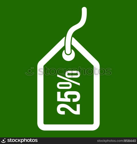 Tag with 25 discount icon white isolated on green background. Vector illustration. Tag with 25 discount icon green