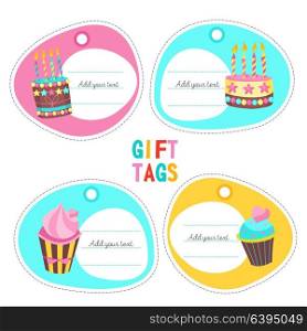 Tag with a picture of a cake with candle for birthday. A set of gift tags with place for text. Vector illustration. Isolated on a white background.