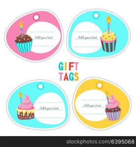 Tag with a picture of a cake with candle for birthday. A set of gift tags with place for text. Vector illustration. Isolated on a white background.