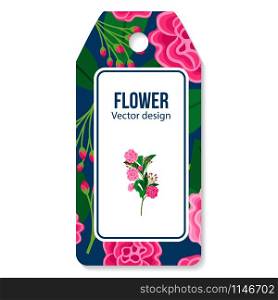Tag with peony and green leaves pattern for flower shop, vector illustration. Peony and green leaves pattern tag