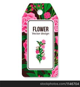 Tag with peony pattern for flower shop isolated on the white background, vector illustration. Peony pattern tag for flower shop