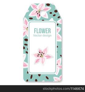 Tag with pink lilies flower pattern for shop, vector illustration. Tag with pink lilies flower pattern