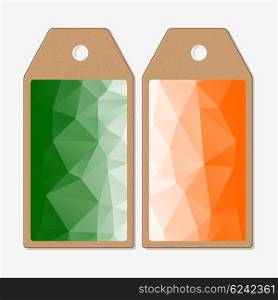 Tags design on both sides, cardboard sale labels. Background for Happy Indian Independence Day celebration with national flag colors, vector illustration.