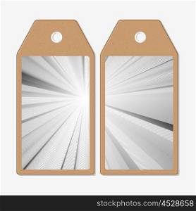 Tags design on both sides, cardboard sale labels. Abstract lines background, simple abstract monochrome texture.