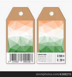 Tags design on both sides, cardboard sale labels with barcode. Background for Happy Indian Independence Day celebration with national flag colors, vector illustration.