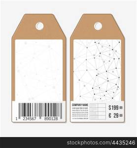 Tags design on both sides, cardboard sale labels with barcode. Molecule structure, connection vector, science polygonal background.