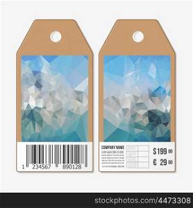 Tags design on both sides, cardboard sale labels with barcode. Polygonal design, colorful geometric triangular backgrounds.