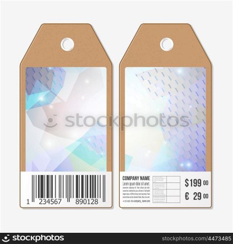 Tags design on both sides, cardboard sale labels with barcode. Polygonal design vector, geometric hexagonal backgrounds.