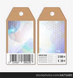Tags design on both sides, cardboard sale labels with barcode. Polygonal design vector, geometric hexagonal backgrounds.