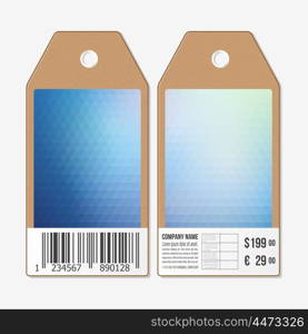 Tags design on both sides, cardboard sale labels with barcode. Polygonal design, geometric triangular backgrounds.