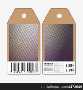 Tags design on both sides, cardboard sale labels with barcode. Polygonal design, geometric triangular backgrounds.
