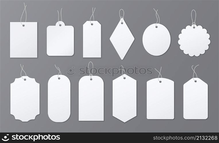 Tags labels. Blank white price label, hanging paper badges on string. Vintage stickers for info or sale, luggage mark template. Store cards exact vector set. Illustration of empty price tag blank set. Tags labels. Blank white price label, hanging paper badges on string. Vintage stickers for info or sale, luggage mark template. Store cards exact vector set