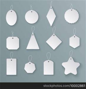 Tags labels. White paper empty price tag with string in different shapes. Mockups for christmas gifts isolated vector templates. Hang blank tag for sale price, gift shape label illustration. Tags labels. White paper empty price tag with string in different shapes. Mockups for christmas gifts isolated vector templates