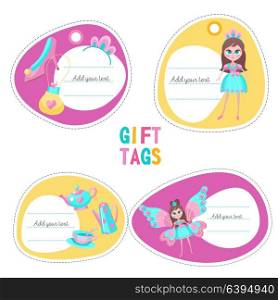 Tags, labels with place for text. Beautiful girl elf with butterfly wings. Toy tea set. Accessories for girls.