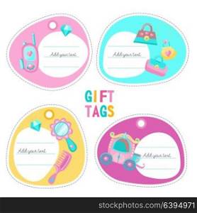 Tags, labels with place for text. The carriage for the Princess. Toy smartphone accessories for girls. Handbag, mirror, comb. Vector clipart.