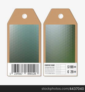 Tags on both sides, cardboard sale labels with barcode. Blurred polygonal design, geometric hexagonal background.