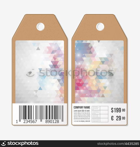 Tags on both sides, cardboard sale labels with barcode. Polygonal design, colorful geometric triangular backgrounds.