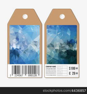 Tags on both sides, cardboard sale labels with barcode. Polygonal design, colorful geometric triangular backgrounds.