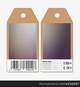 Tags on both sides, cardboard sale labels with barcode. Polygonal design, geometric triangular backgrounds.