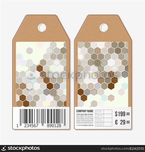 Tags on both sides, cardboard sale labels with barcode. Polygonal design vector, geometric hexagonal backgrounds.