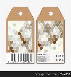Tags on both sides, cardboard sale labels with barcode. Polygonal design vector, geometric hexagonal backgrounds.