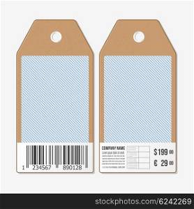Tags on both sides, cardboard sale labels with barcode. Vintage design, lines vector background.