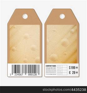 Tags on both sides, cardboard sale labels with barcode. Wooden design, abstract vector background.