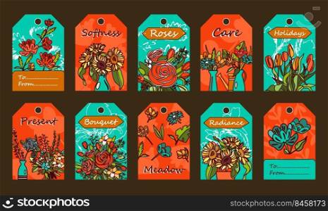 Tags set with flowers. Bunches in vases, tulips, roses vector illustrations with text on red and blue background. Florist shop or spring concept for greeting cards and labels design