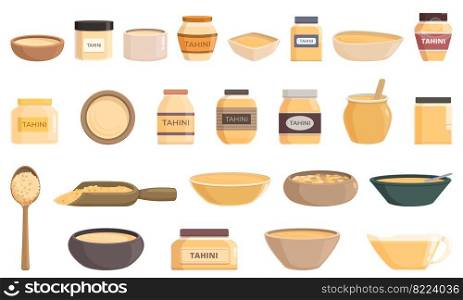 Tahini icons set cartoon vector. Cuisine food. Hummus pita. Tahini icons set cartoon vector. Cuisine food