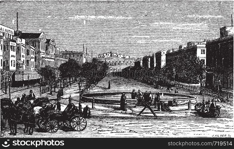 Tahrir Square (formerly Mohammed Ali Square and Place des Consuls), in Alexandria, Egypt. Scenic engraving. Old engraved illustration, around 1890.