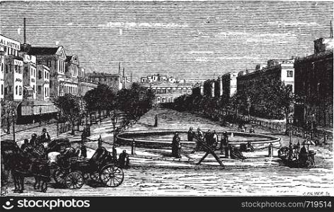 Tahrir Square (formerly Mohammed Ali Square and Place des Consuls), in Alexandria, Egypt. Scenic engraving. Old engraved illustration, around 1890.