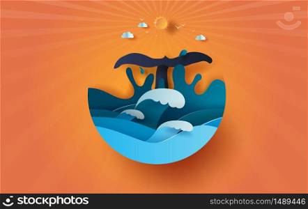 Tail whale on sea view sunlight sunset sky with circle concept, Summer time season, Ocean wave on blue sky.Graphic design Seaside landscape, Paper craft and cut style. minimal illustration vector