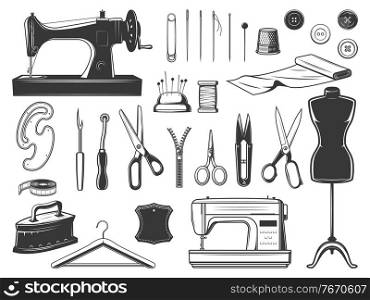 Tailor and seamstress tools, sewing equipment set. Retro and modern sewing machine, tailor and embroidery scissors, thread nipper, pinking shears and tracing wheel, needles and pins, dress form vector. Tailor and seamstress tools, sewing equipment set