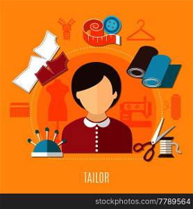 Tailor concept with sewing equipment fabric and stodio flat vector illustration. Tailor Concept Illustration