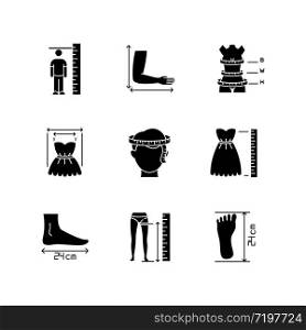Tailor measurements black glyph icons set on white space. Human body proportions and product dimensions specification. Custom made, bespoke clothing silhouette symbols. Vector isolated illustration
