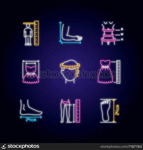 Tailor measurements neon light icons set. Human body proportions and product dimensions specification. Custom made clothing signs with outer glowing effect. Vector isolated RGB color illustrations