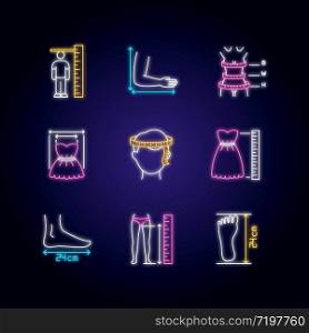 Tailor measurements neon light icons set. Human body proportions and product dimensions specification. Custom made clothing signs with outer glowing effect. Vector isolated RGB color illustrations