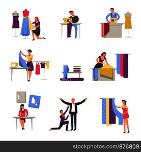 Tailor or dressmaker and fashion designer profession vector faceless people icons. Man with sewing machine or woman seamstress cutting textile and fitting suit with tailoring pins and threads. Tailor or dressmaker and fashion designer profession vector faceless people icons.
