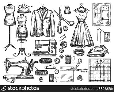 Tailor or dressmaker work and fashion designer atelier sketch items. Vector sewing machine or seamstress pattern cut and dress fitting dummy mannequin with thread, needle or thimble and iron. Tailoring and dressmaking vector sketch icons