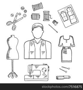 Tailor or fashion designer profession sketch icon with male dressmaker, scissors, sewing machine, needle with threads, buttons and trimble, mannequin, tape measure, paper pattern and stylish cocktail dress . Tailor or fashion designer profession sketch icon